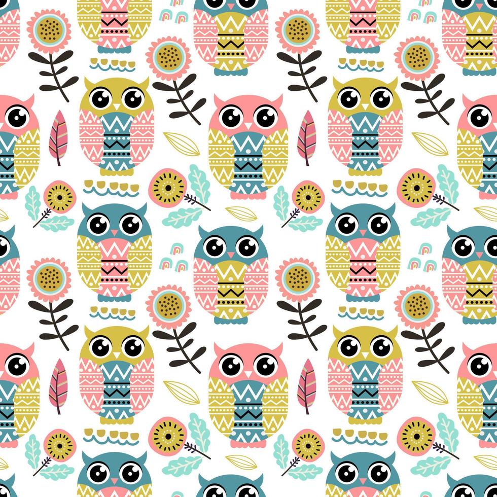 Seamless pattern tropical summer with cute owl vector