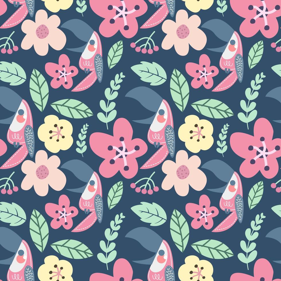 Colorful floral with toucan seamless pattern vector