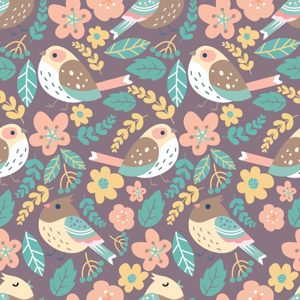 Bird seamless pattern with flower and nature leaves vector