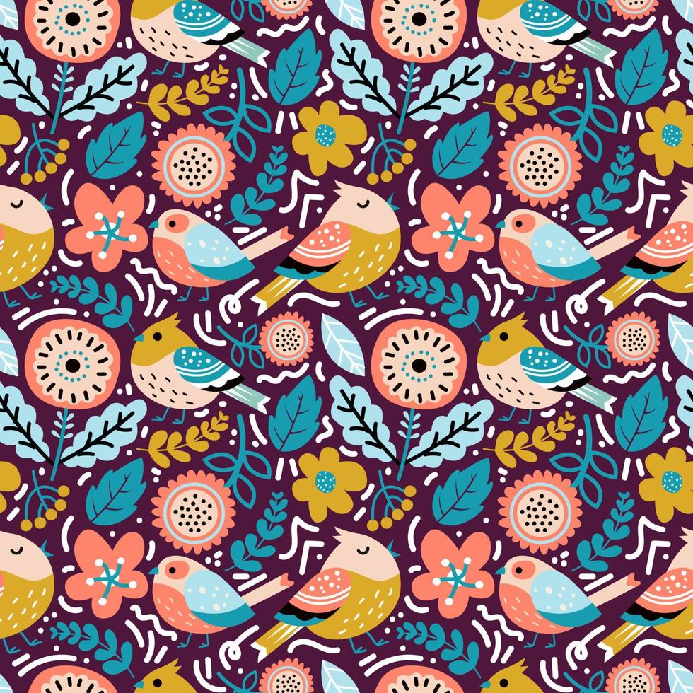 Seamless pattern colorful bright flower and bird vector