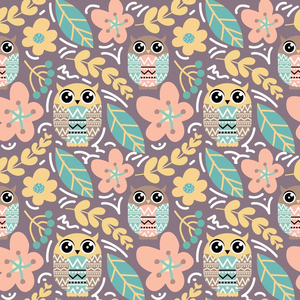 Owl seamless pattern with flower and nature leaves vector