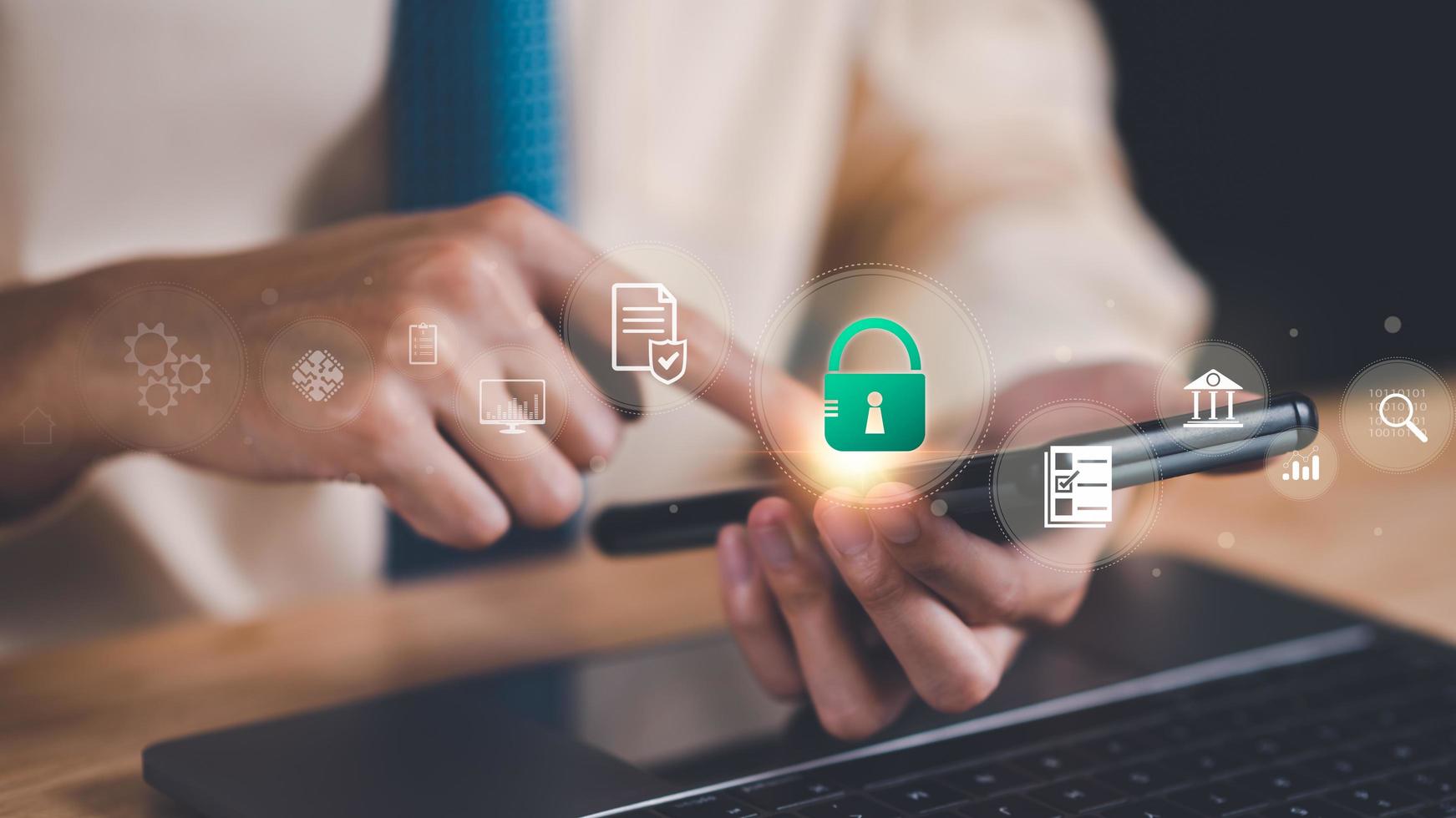 Businessman showing data access protection with key icon ,Protecting data from theft ,secure login authorization ,digital security unlocking or encryption, virus protection and safety alerts photo