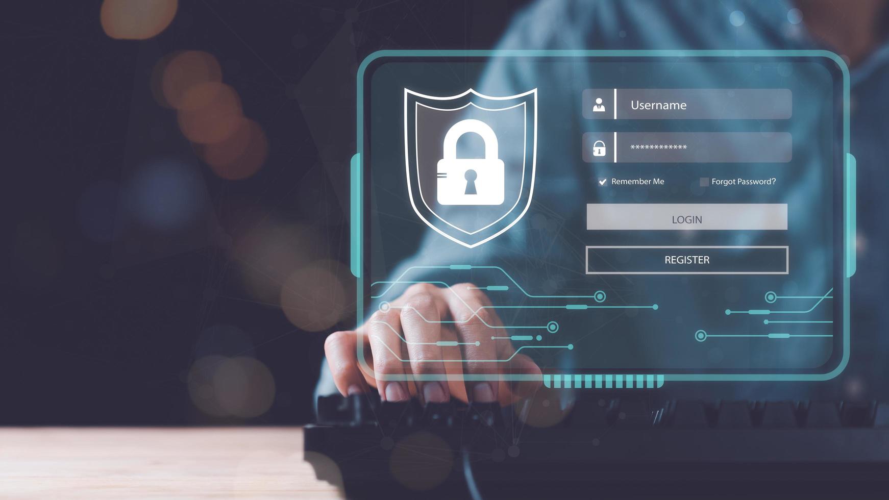 Businessman login security system ,and connect to the internet network ,internet security concept , digital security unlocking or encryption , secure login authorization ,Protecting data from theft photo