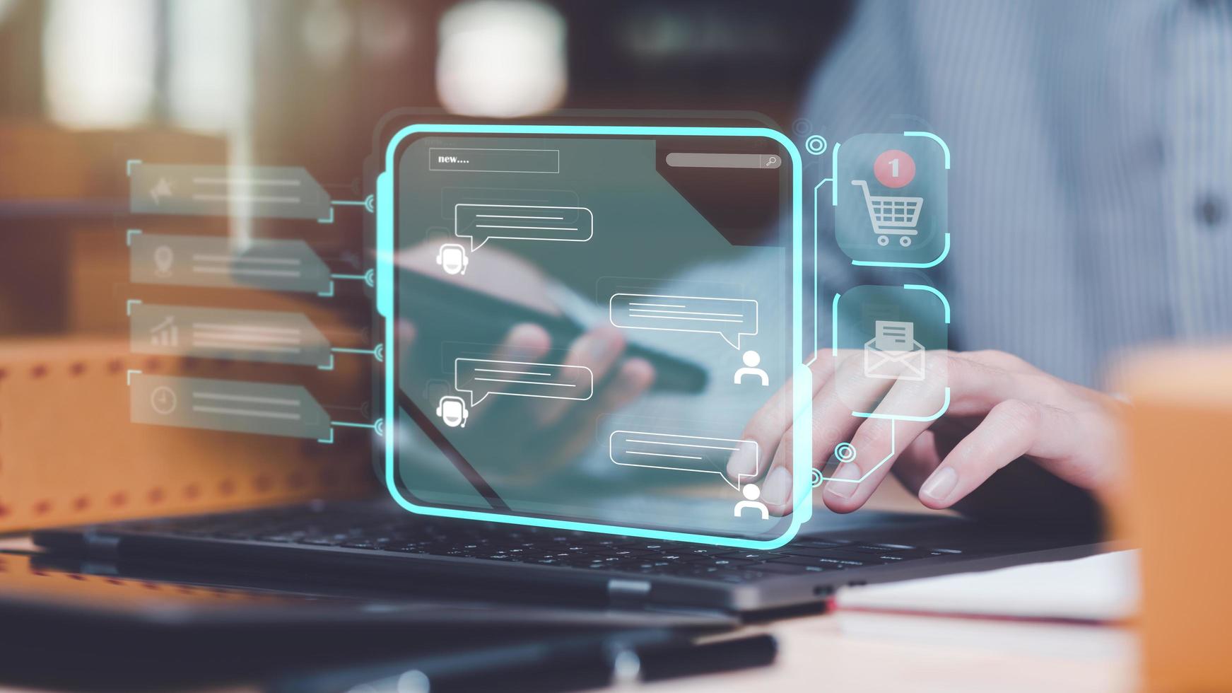 Startup or small business entrepreneur ,Conversation in the chat box icon ,order management in online stores ,shopping on the internet ,Selling online on Internet ,response and chat customer service photo