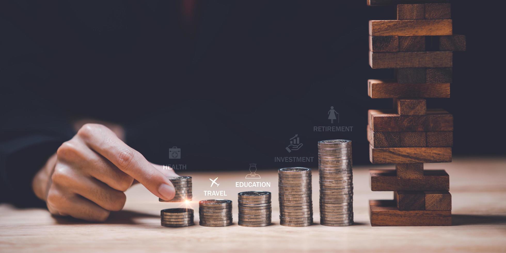 Man and pile of coins ,Concept of saving money to prepare for risk ,saving and accumulating money ,Financial planning and investment ,growth in assets and profits ,budget management ,risk management photo