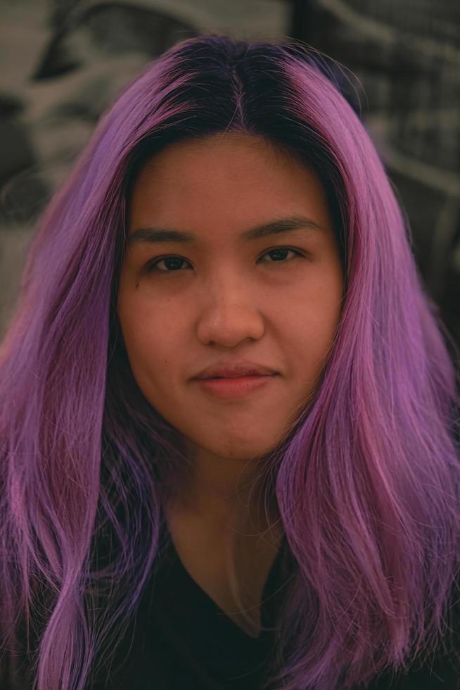 purple hair woman expression at restaurant photo