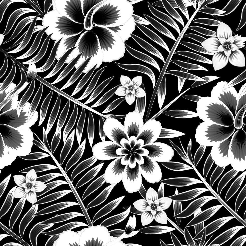 tropical palma hojas sin costura modelo con floral plantas y follaje en oscuro antecedentes. Clásico tropical fondo de pantalla. interior diseño. primavera antecedentes. floral antecedentes. exótico zona tropical. otoño vector