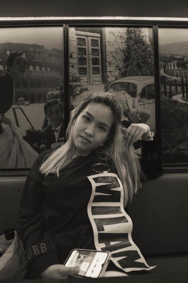 lady boss style at restaurant with monochrome styles photo