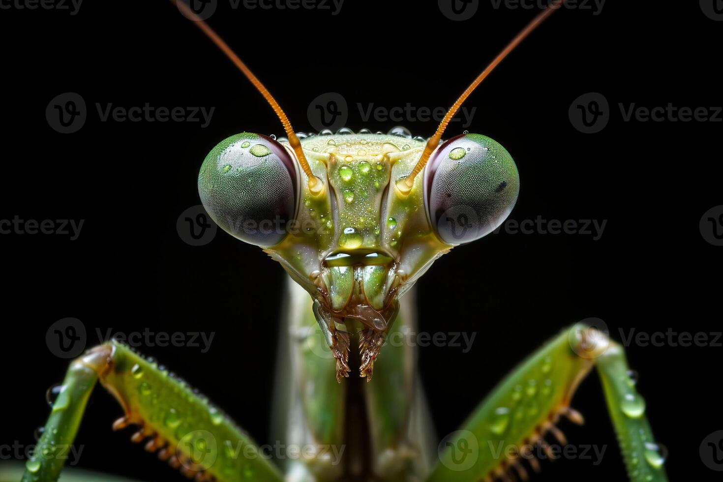 Very close and detailed macro portrait of a praying mantis against a dark background. photo