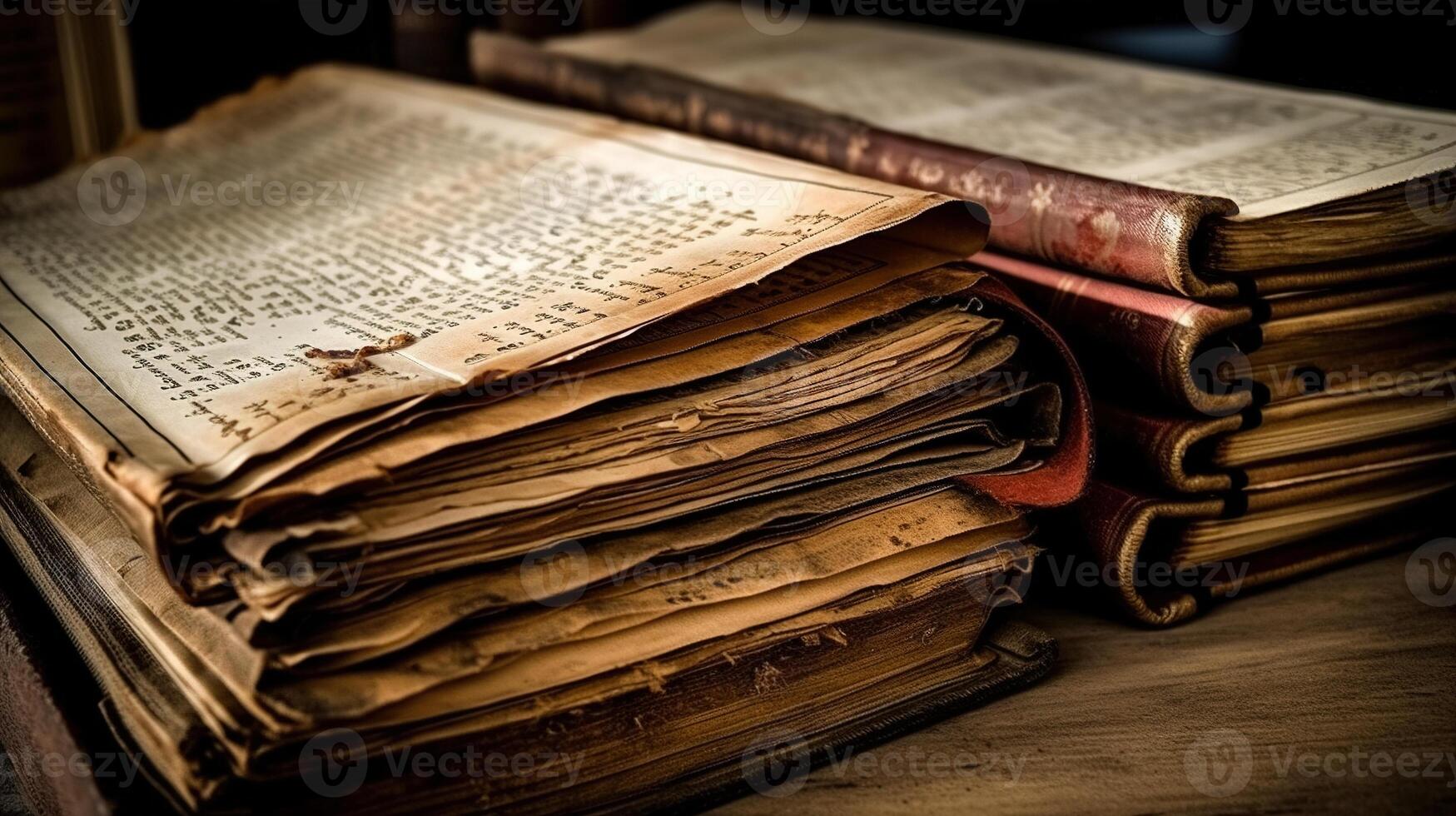 viejo, dañado libros o historia rollos escrito en el medio siglos o más temprano. ai generado foto