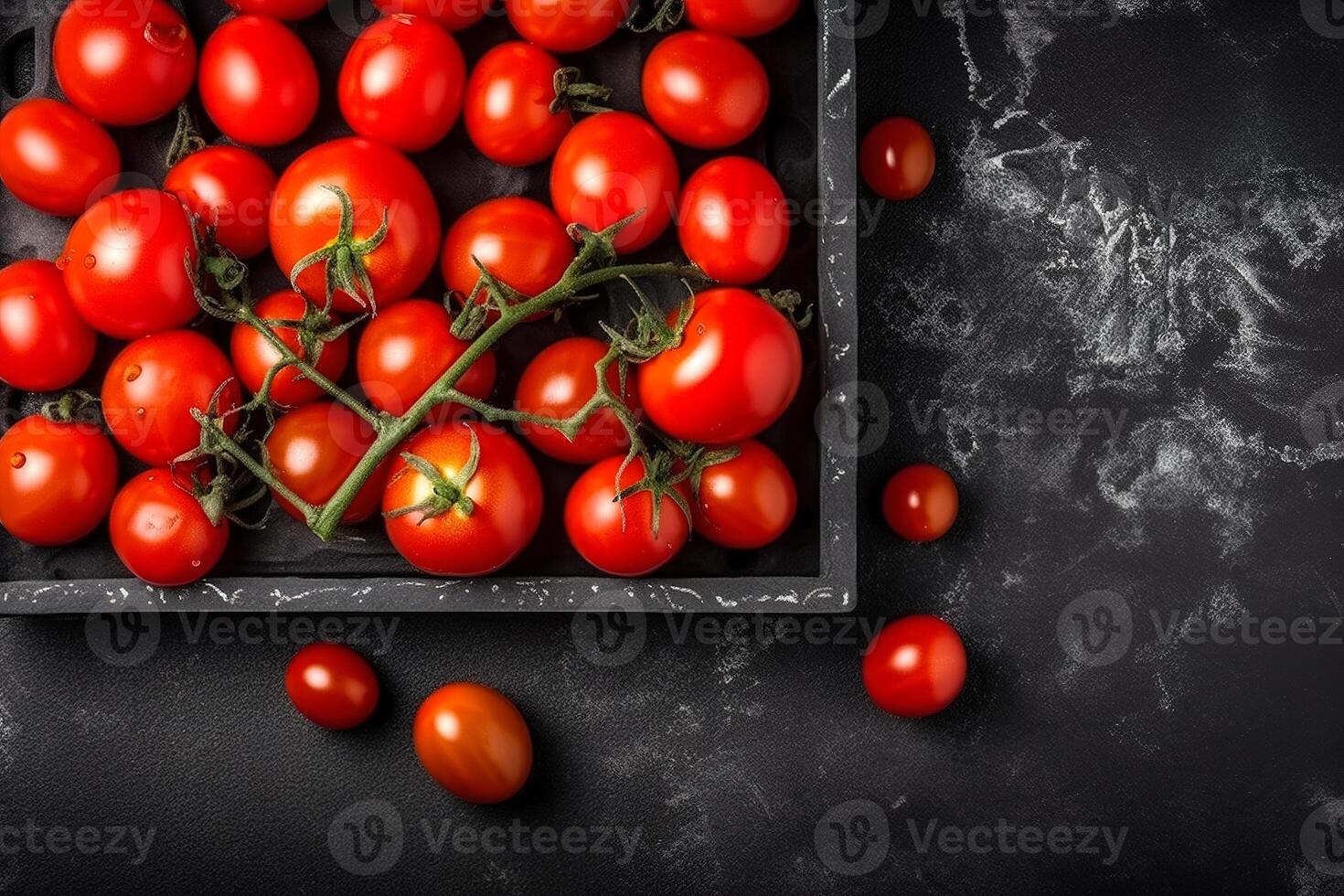 Fresh and healthy red tomatoes lying in a crate on a black background