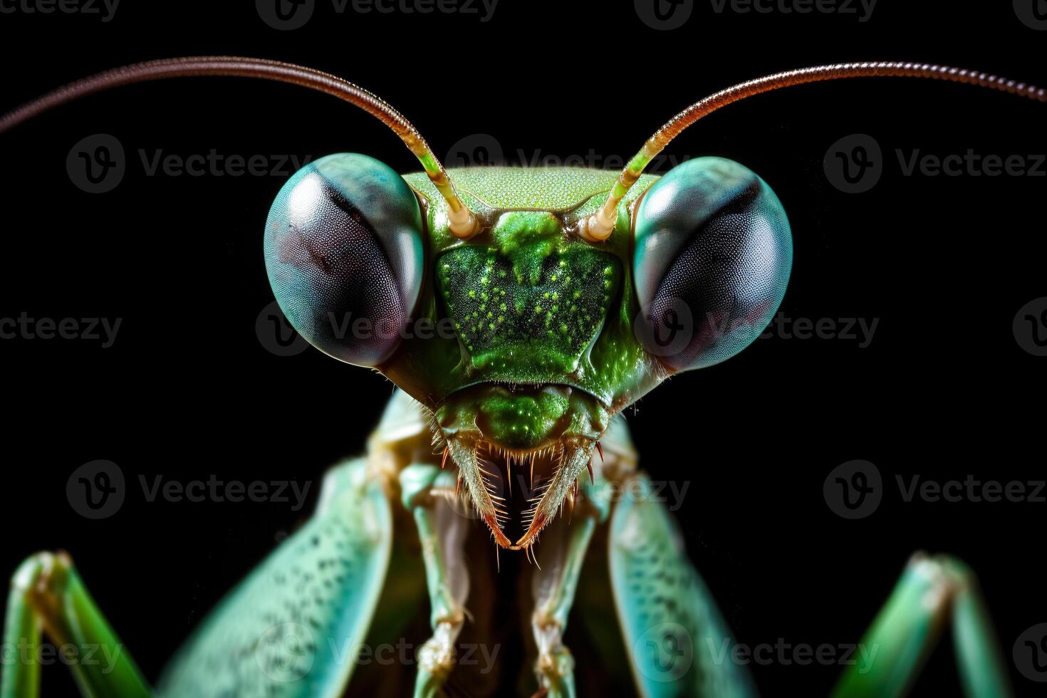 Very close and detailed macro portrait of a praying mantis against a dark background. photo