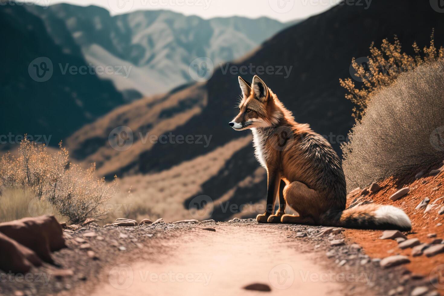 Sitting wild red fox on the road for tourists high in the mountains, illustration with copy space. photo