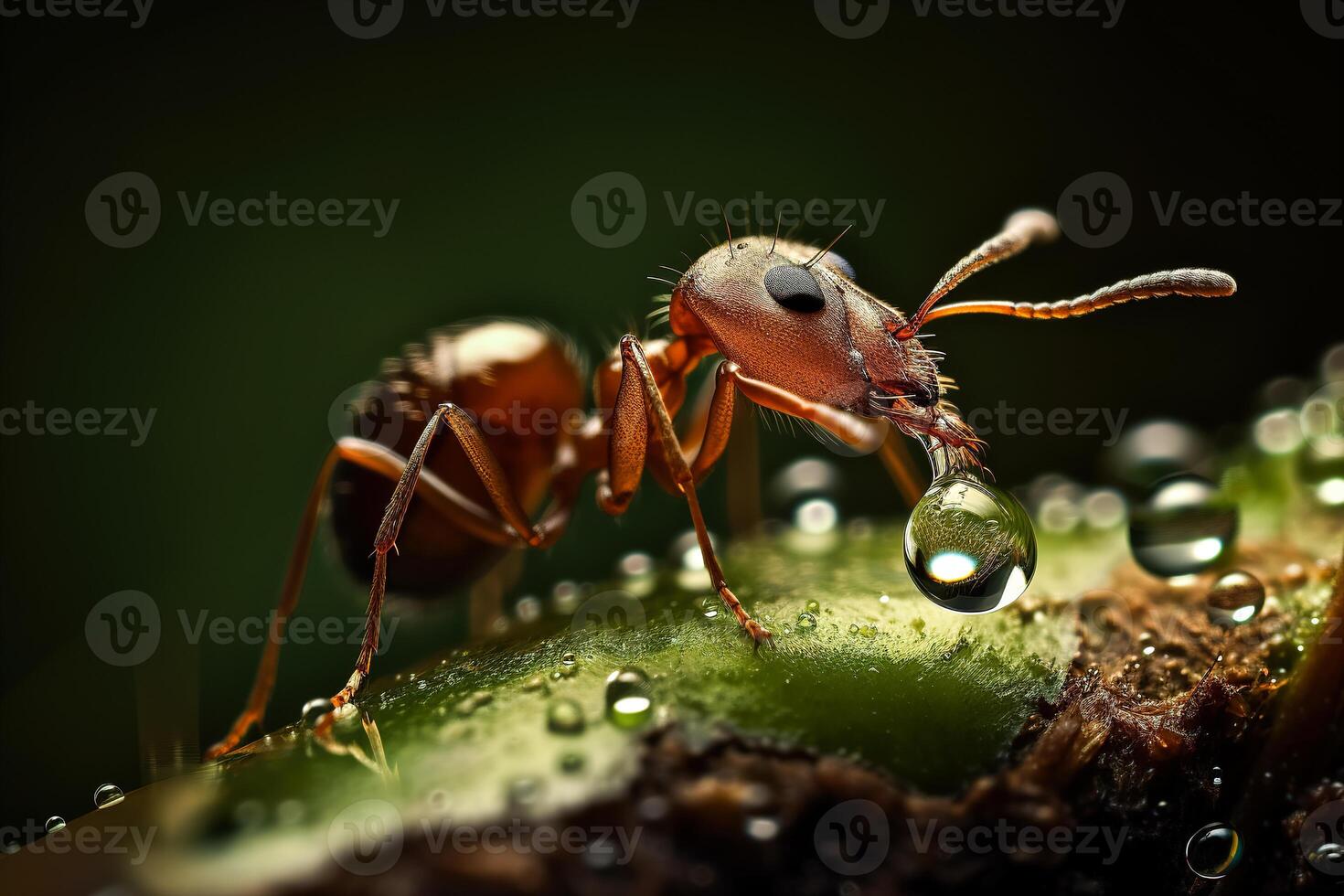 muy cerca y detallado macro retrato de un hormiga en un oscuro antecedentes. ai generado foto