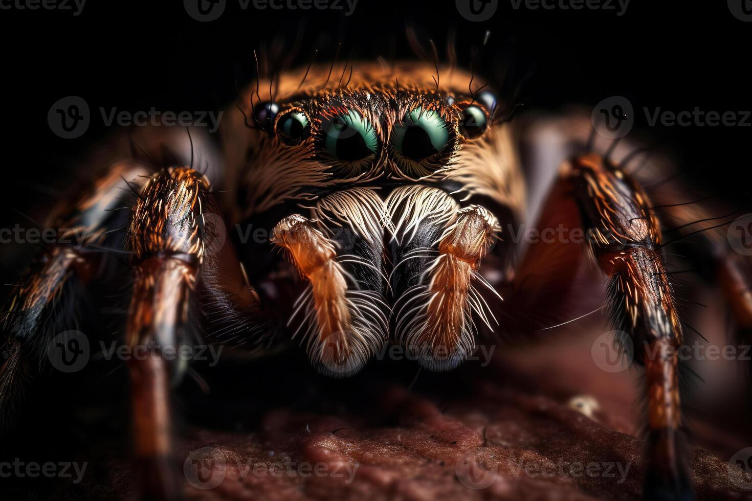 Very close and detailed macro portrait of a spider against a dark background. photo