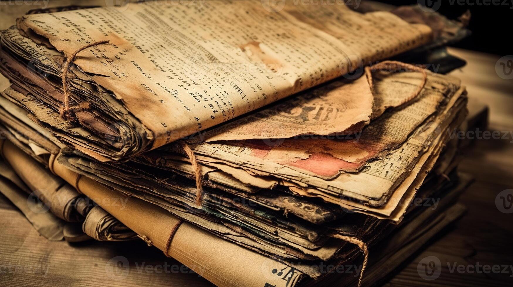 Old, damaged books or history scrolls written in the Middle Ages or earlier. photo