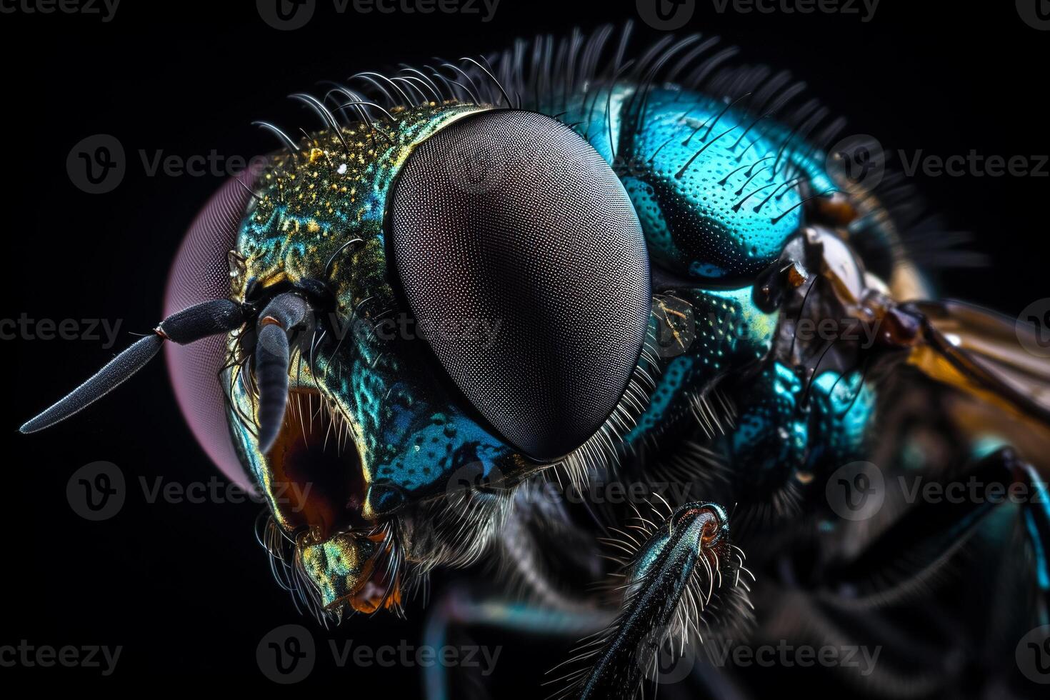 muy cerca y detallado macro retrato de un mosca doméstica con grande ojos en contra un oscuro antecedentes. ai generado foto