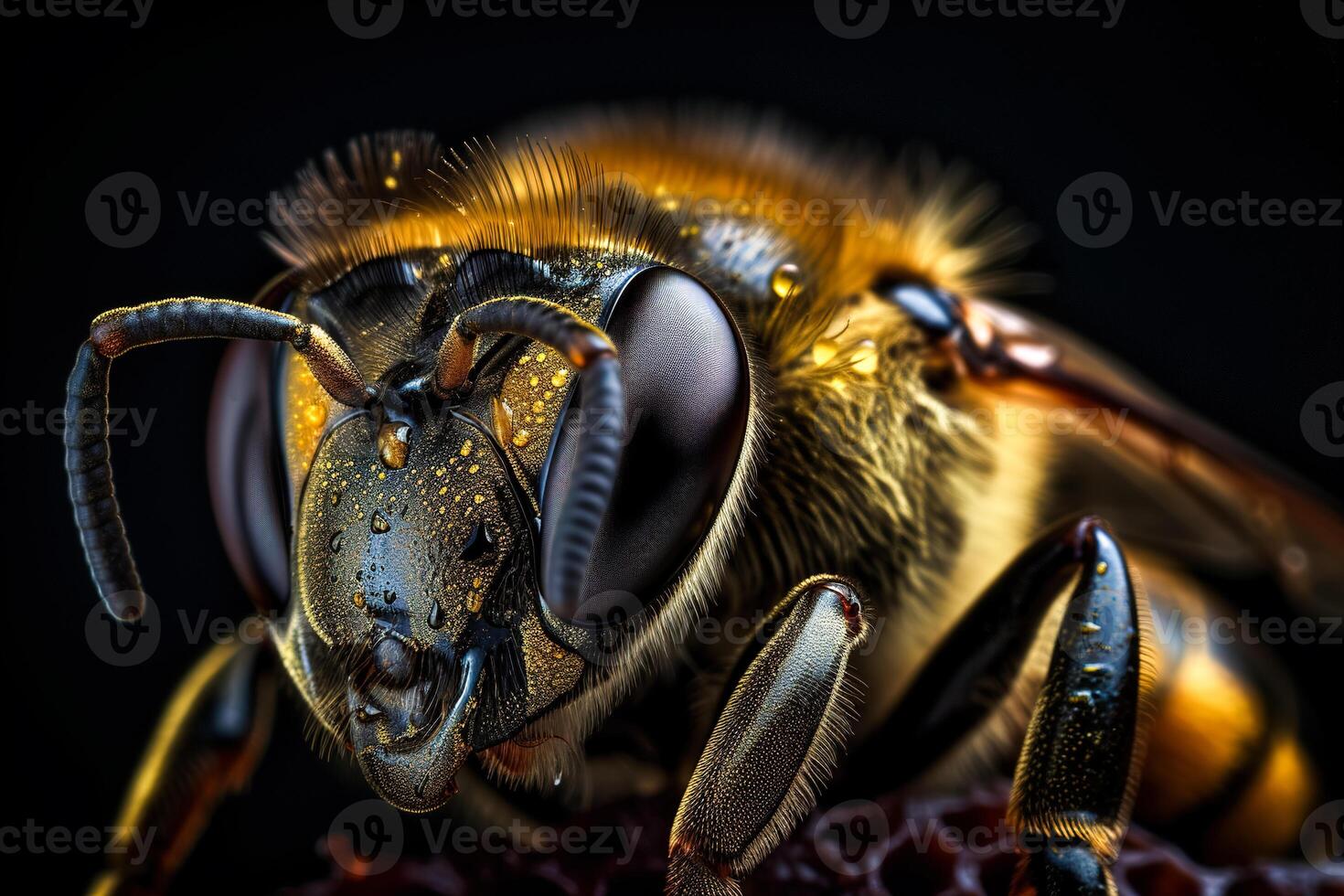 Very close and detailed macro portrait of a bee covered in nectar and honey against a dark background. photo