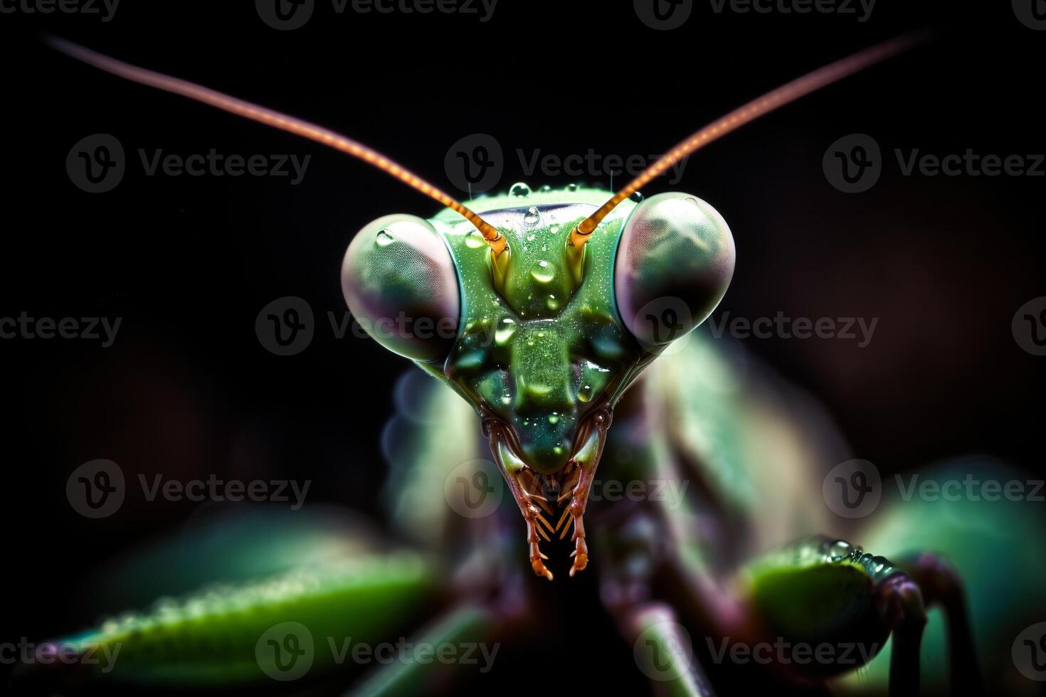 Very close and detailed macro portrait of a praying mantis against a dark background. photo