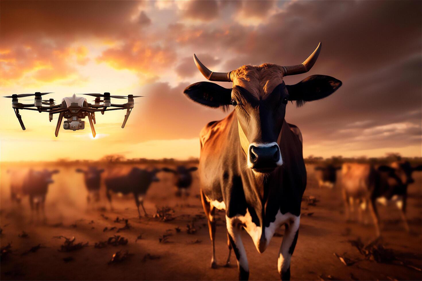 Drone monitoring cattle with microchip sensor in smart farm. . Agricultural technology concept photo