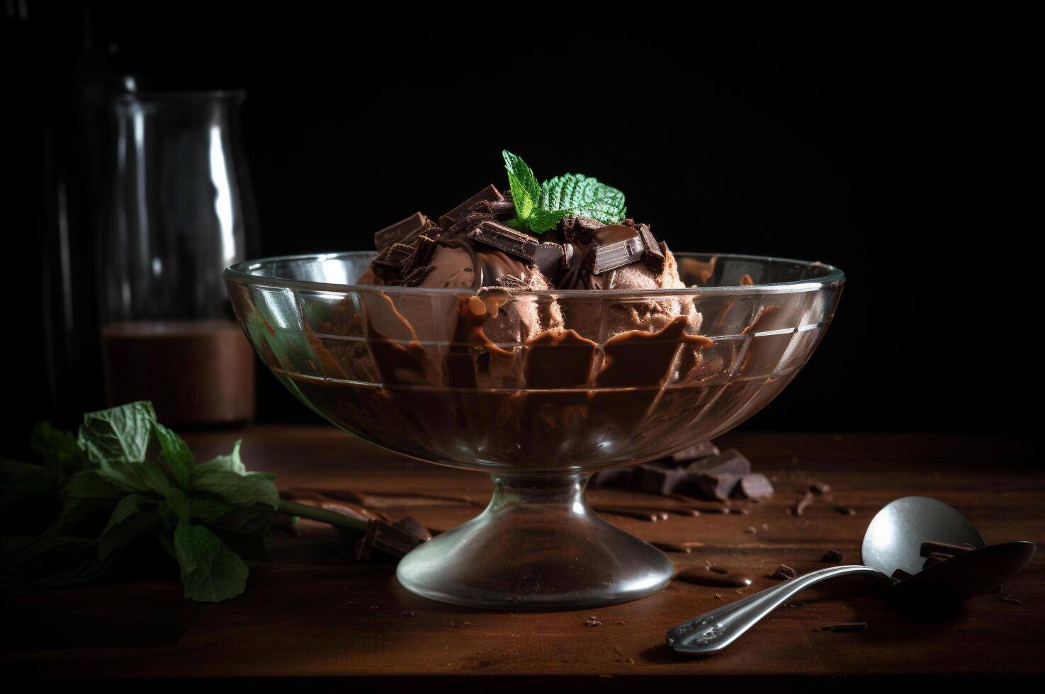 gastrónomo chocolate hielo crema en vaso cuenco en hielo crema salón mesa. rústico madera. ai generado. congelado postre foto