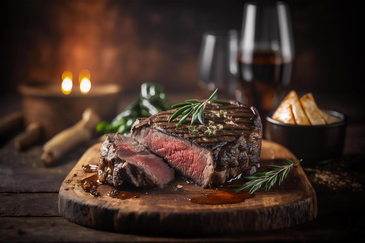 juicy grilled steak with herbs and spices on rustic cutting board. Barbecue. photo