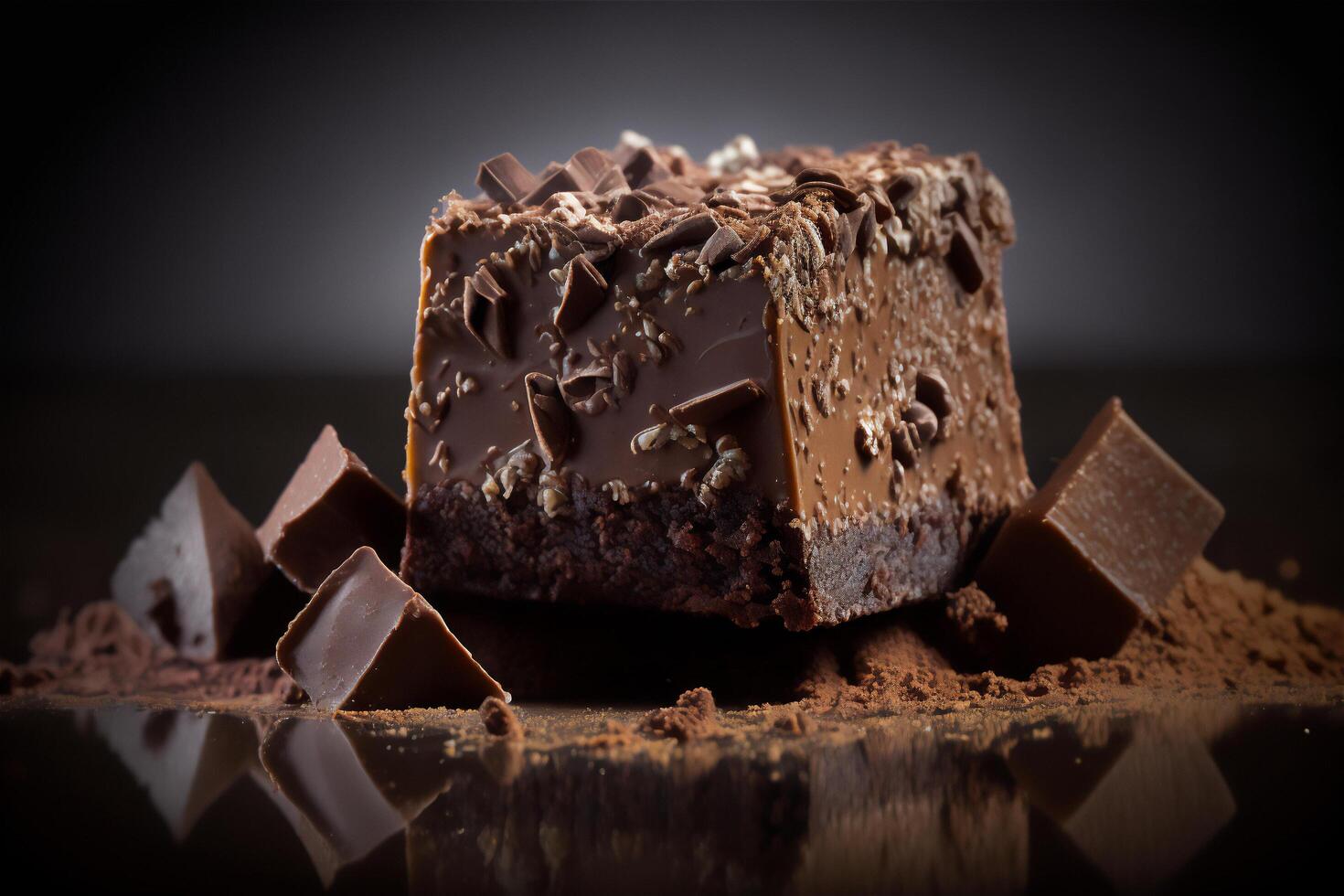 Delicious homemade chocolate brownie isolated on dark background. . Selective focus photo