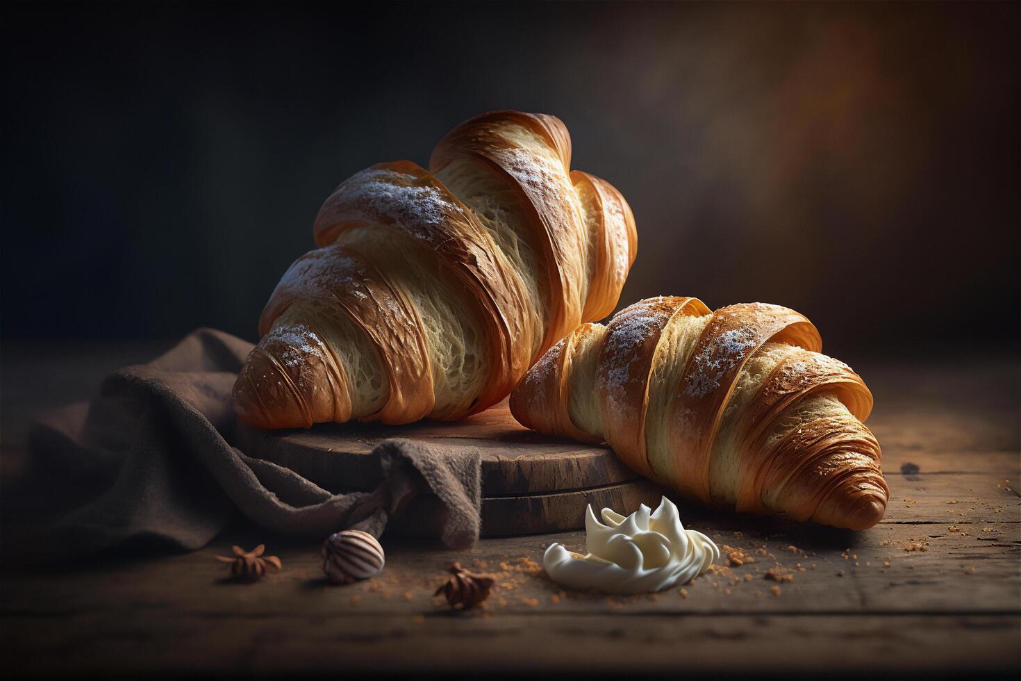 Delicious homemade croissants on rustic wooden kitchen table. photo