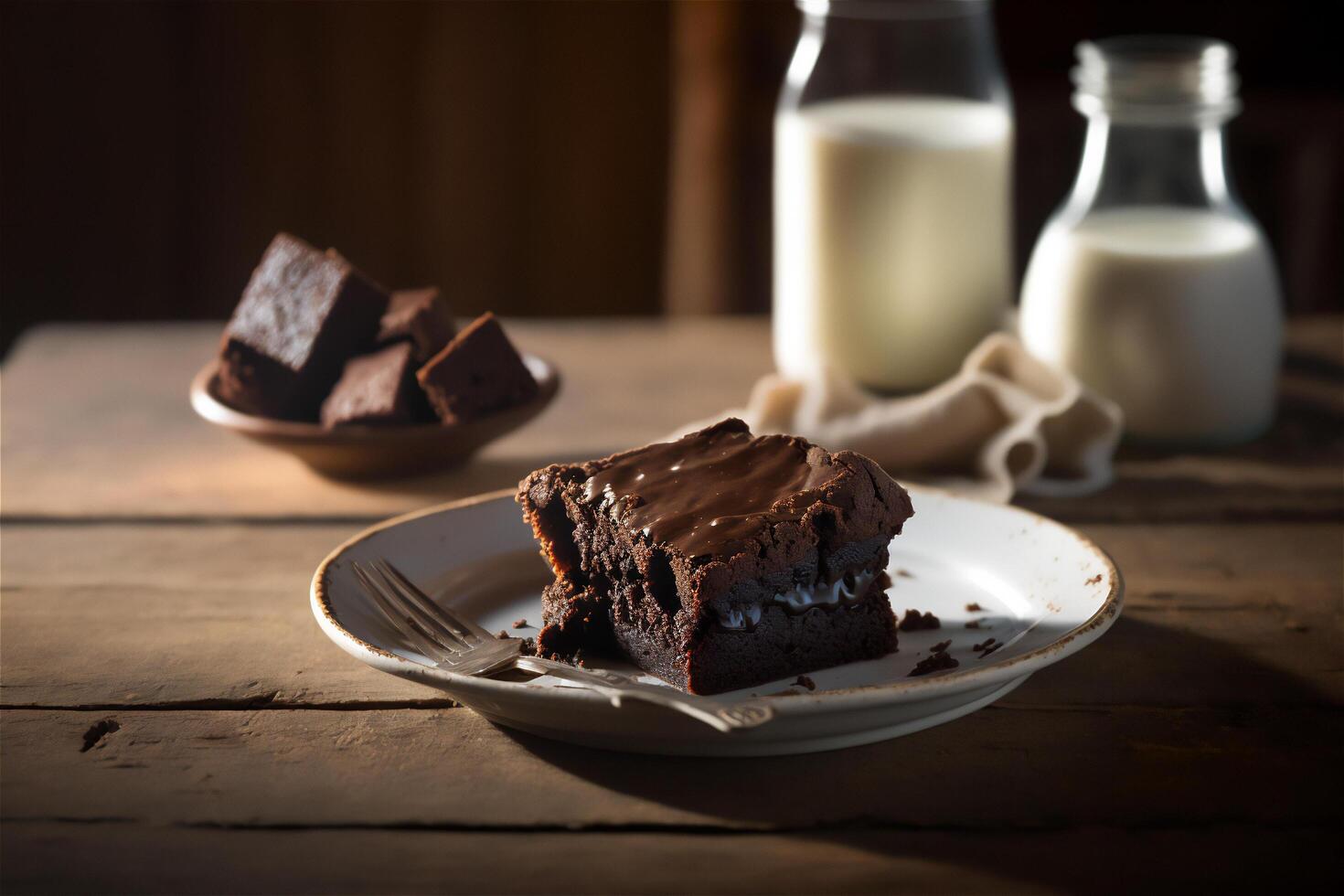 Delicious homemade chocolate brownie in white ceramic plate on rustic wooden table. . Selective focus photo