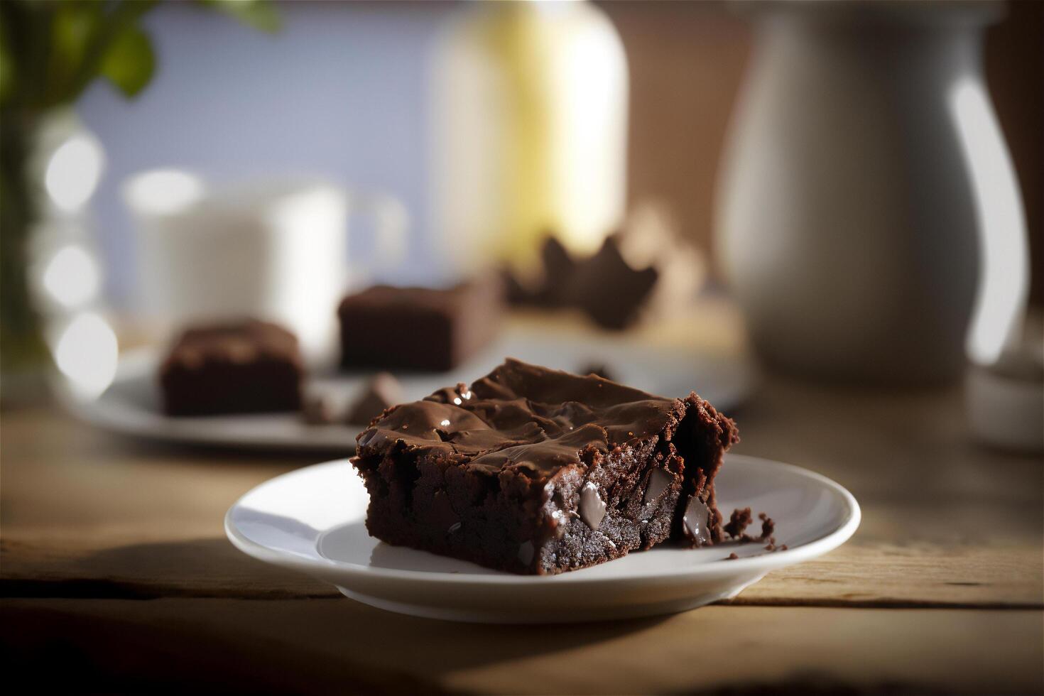 Delicious homemade chocolate brownie in white ceramic plate on rustic wooden table. . Selective focus photo