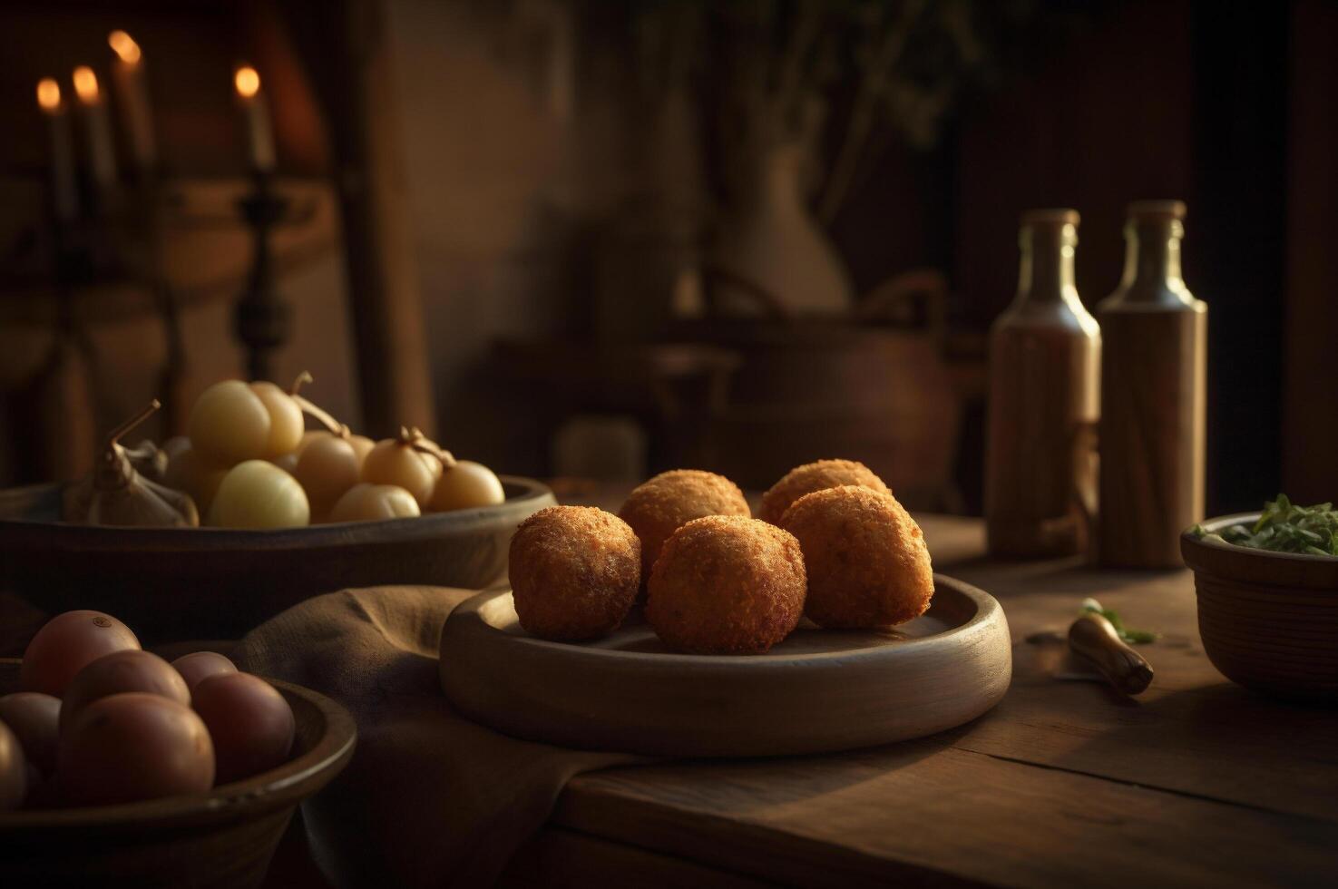 Delicious homemade croquettes on wooden table in rustic kitchen background. photo