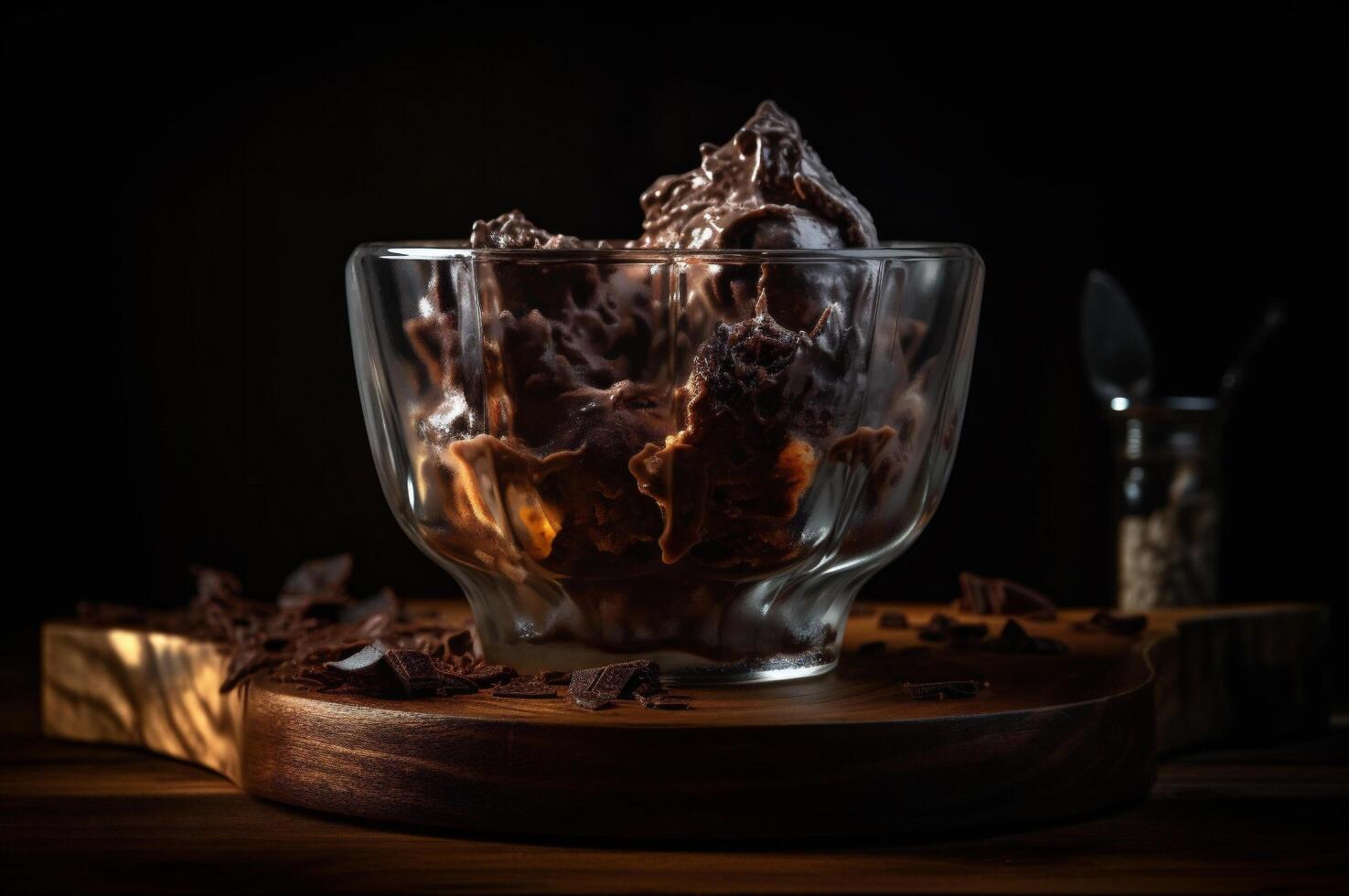 Gourmet chocolate ice cream in glass bowl on ice cream parlor table. Rustic wood. . frozen dessert photo