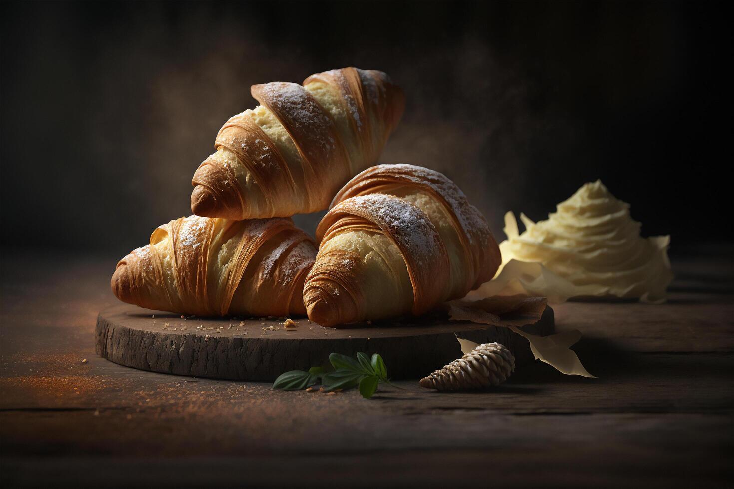 Delicious homemade croissants on rustic wooden kitchen table. photo