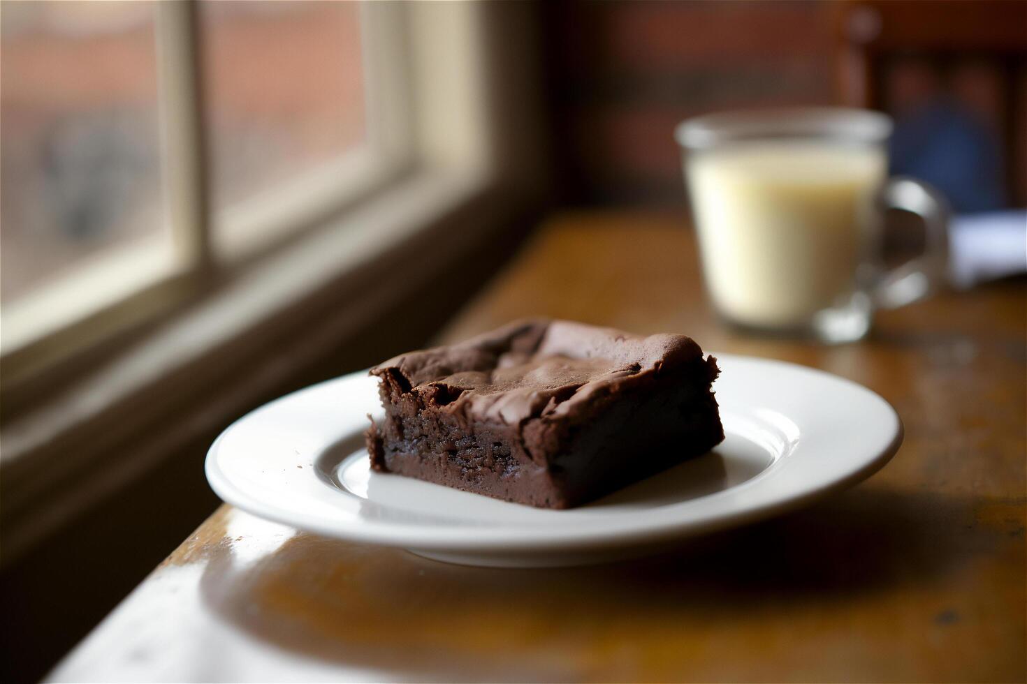 Delicious homemade chocolate brownie in white ceramic plate on rustic wooden table. . Selective focus photo