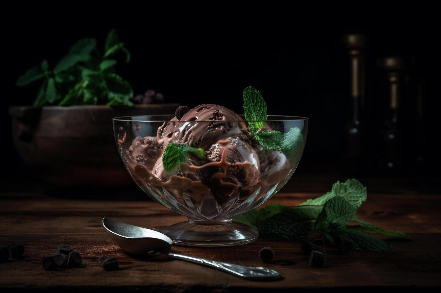 gastrónomo chocolate hielo crema en vaso cuenco en hielo crema salón mesa. rústico madera. ai generado. congelado postre foto