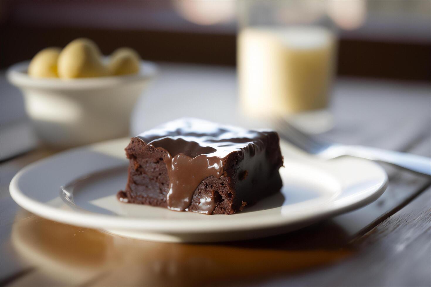 Delicious homemade chocolate brownie in white ceramic plate on rustic wooden table. . Selective focus photo