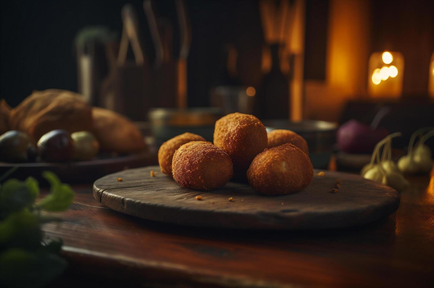 Delicious homemade croquettes on wooden table in rustic kitchen background. photo