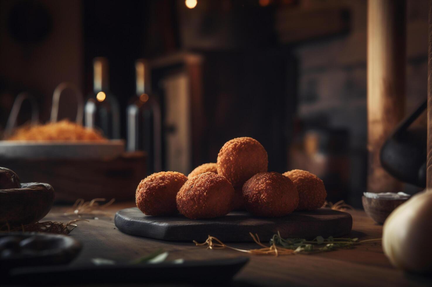 Delicious homemade croquettes on wooden table in rustic kitchen background. photo