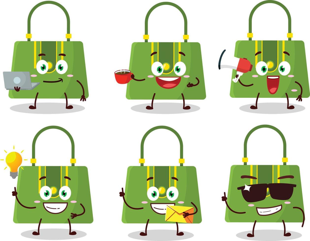 Women bag cartoon character with various types of business emoticons vector