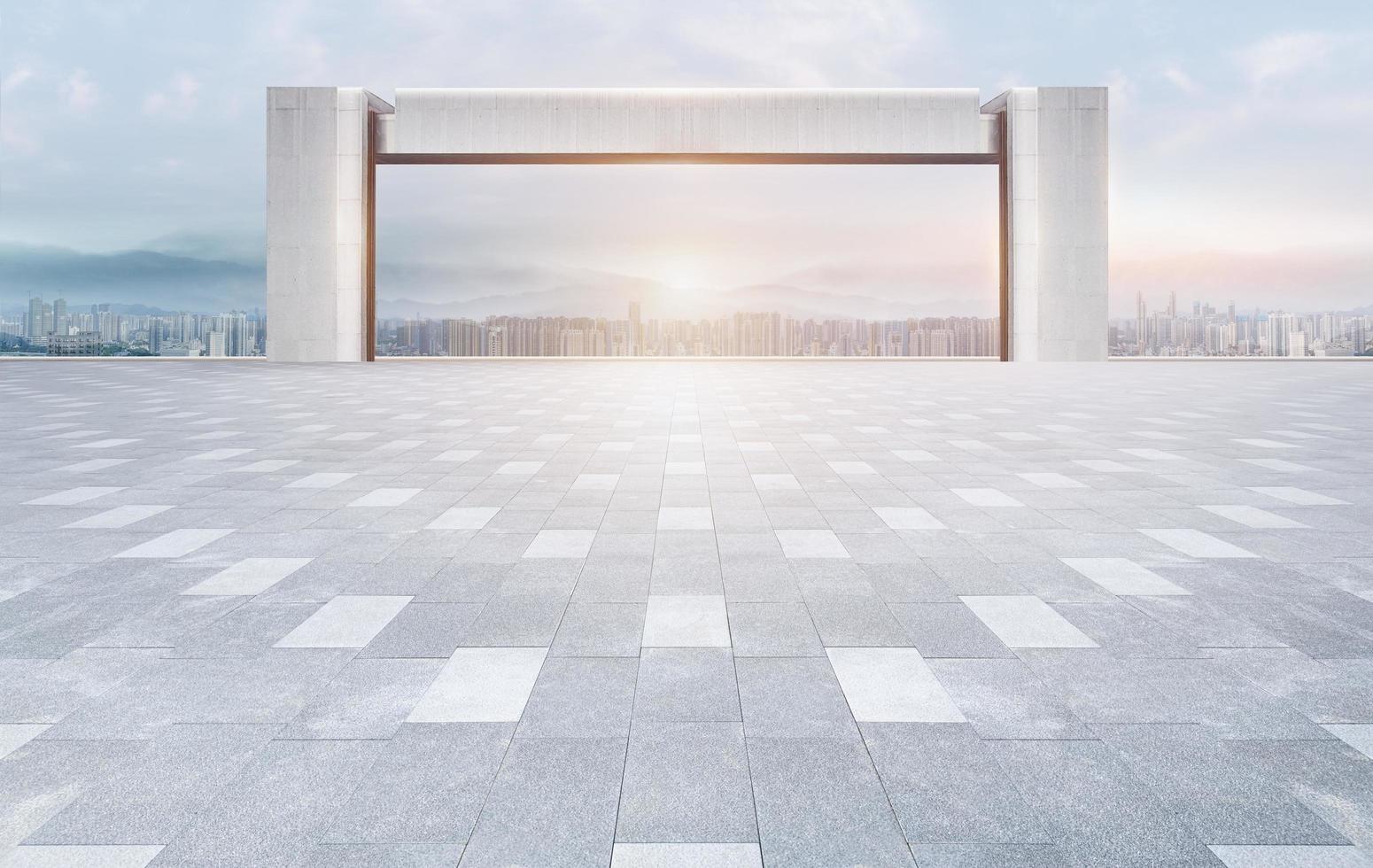 Empty brick floor square floors with panoramic views of the city skyline and frame the building photo