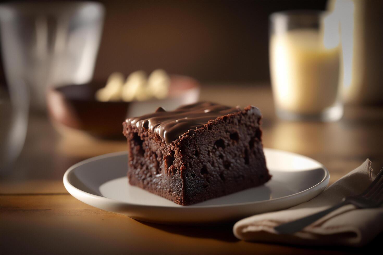 Delicious homemade chocolate brownie in white ceramic plate on rustic wooden table. . Selective focus photo