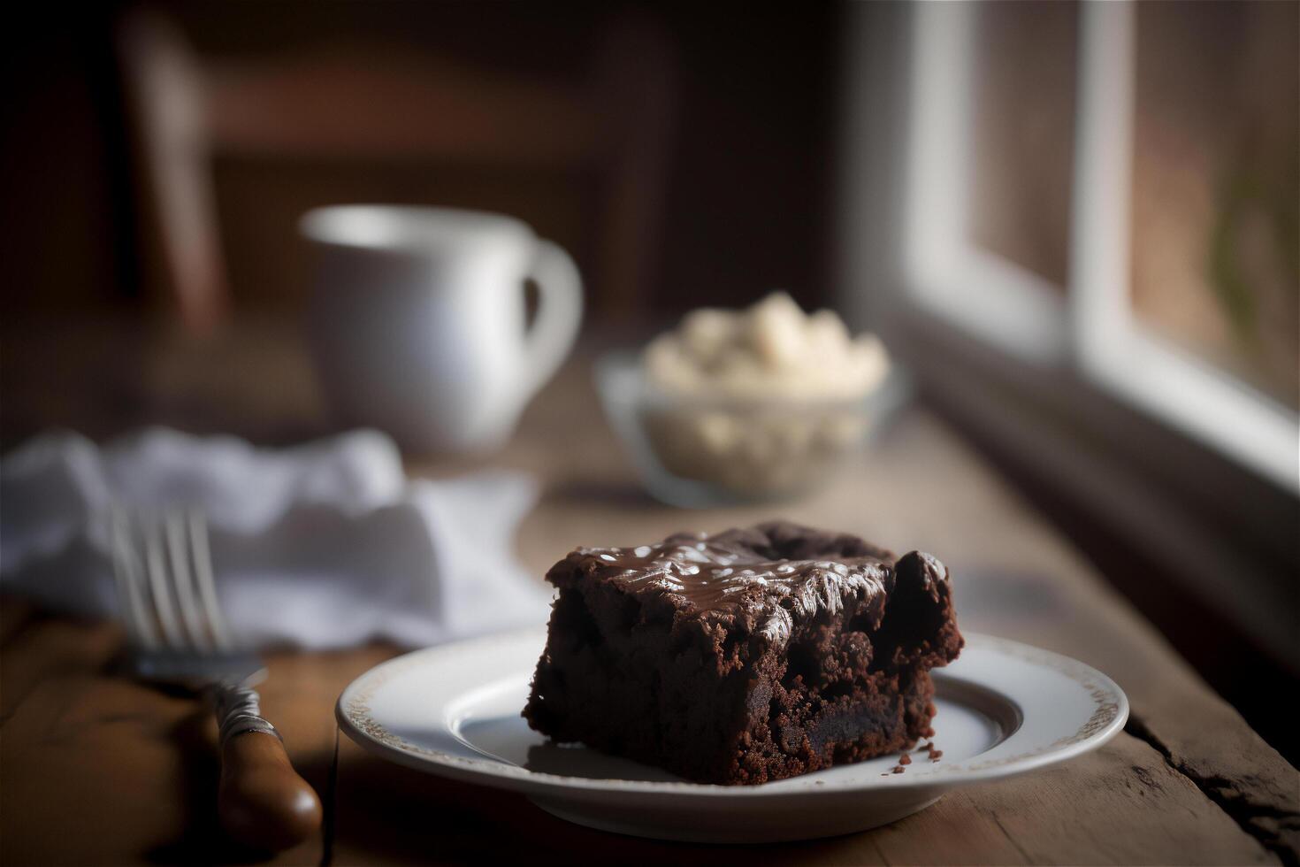 delicioso hecho en casa chocolate duende en blanco cerámico plato en rústico de madera mesa. ai generado. selectivo atención foto