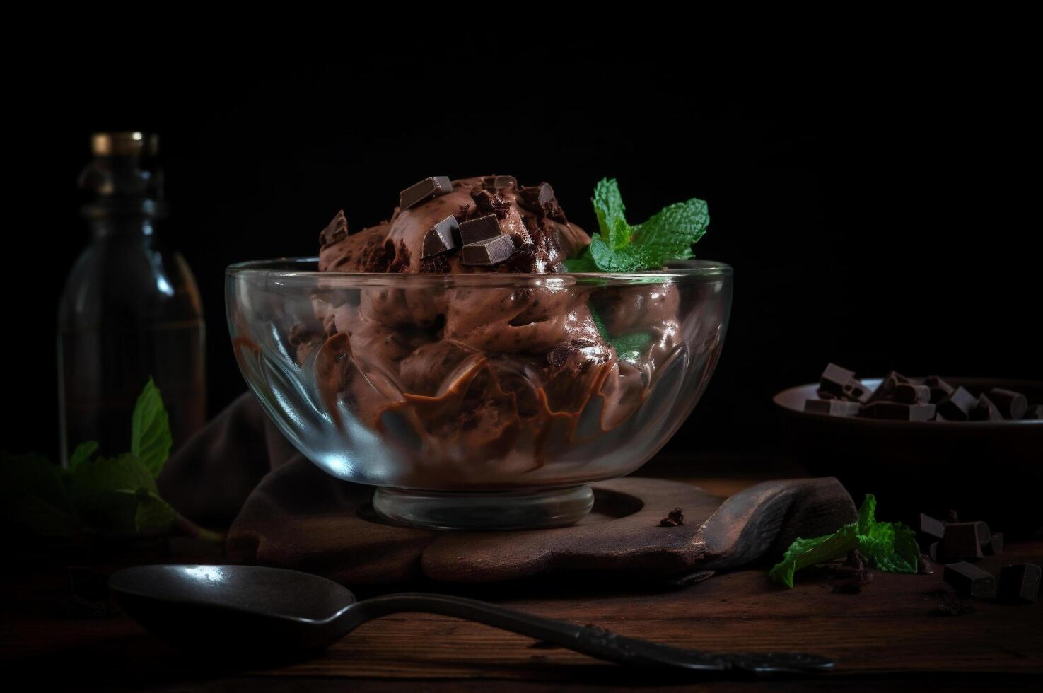 Gourmet chocolate ice cream in glass bowl on ice cream parlor table