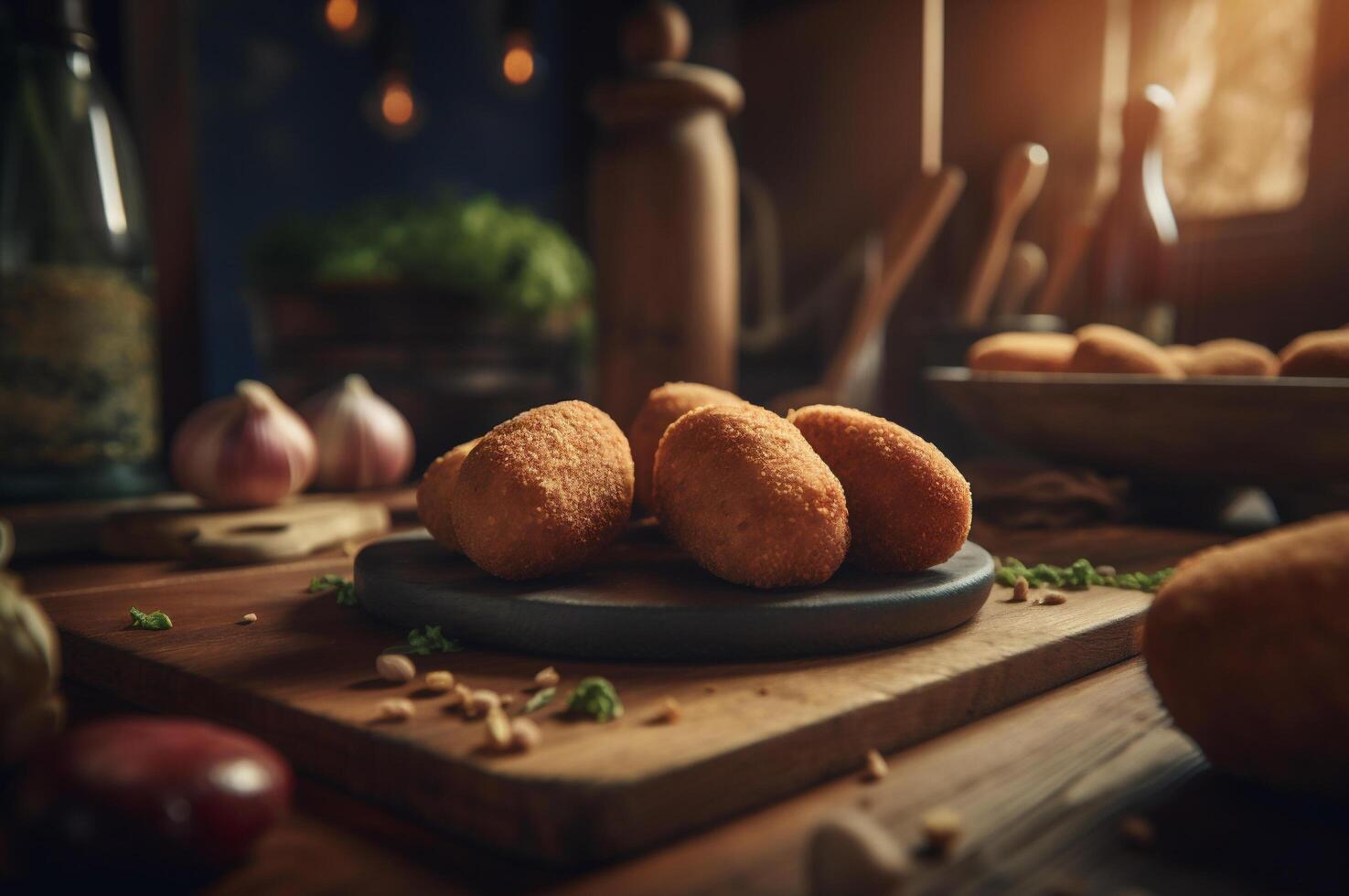 delicioso hecho en casa croquetas en de madera mesa en rústico cocina antecedentes. ai generado foto