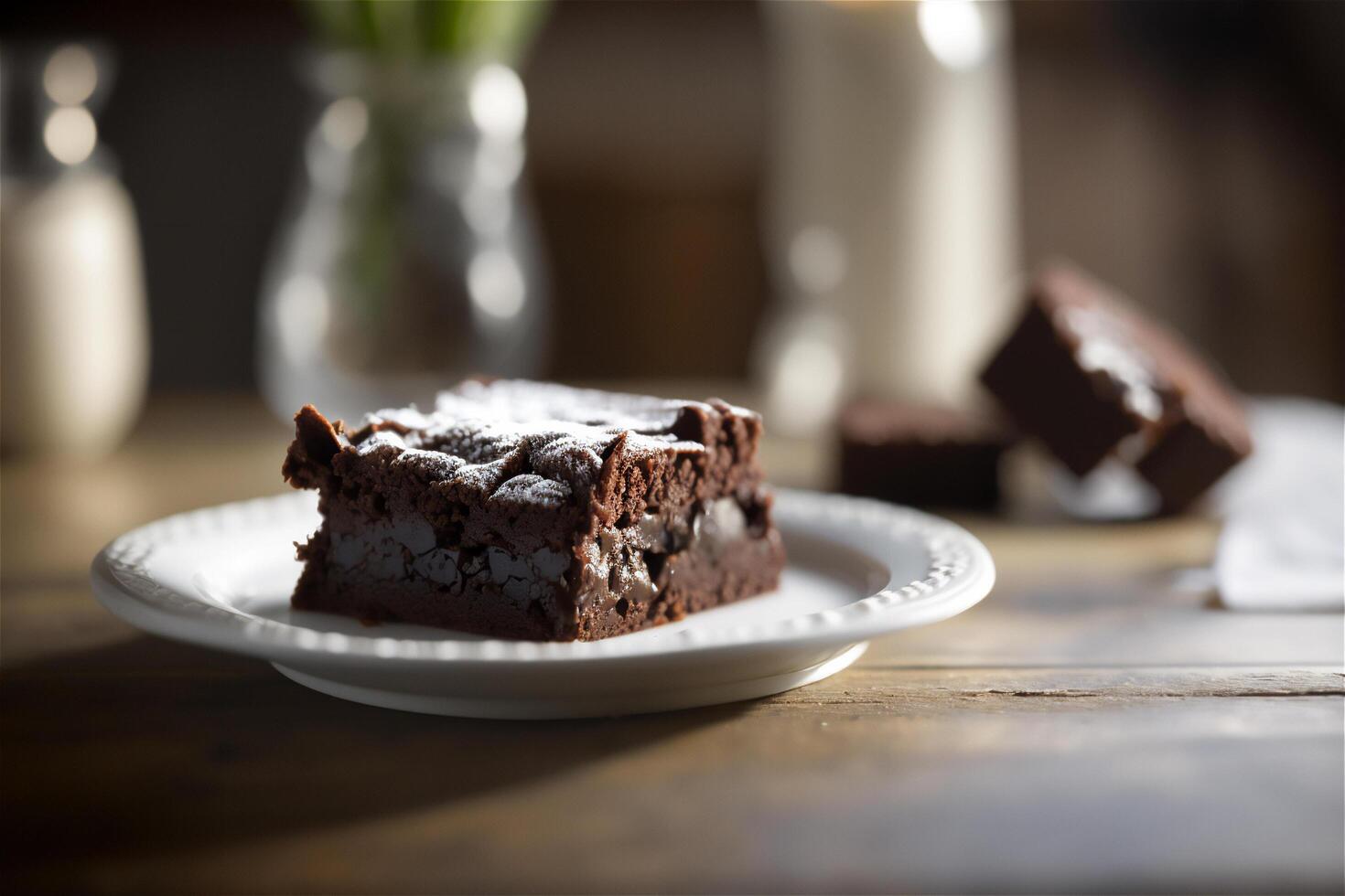 Delicious homemade chocolate brownie in white ceramic plate on rustic wooden table. . Selective focus photo