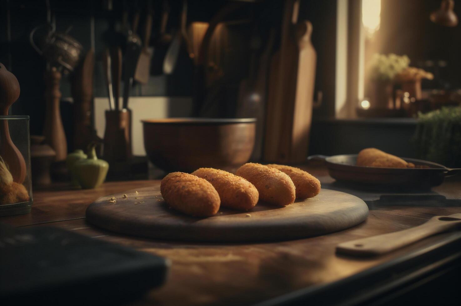 Delicious homemade croquettes on wooden table in rustic kitchen background. photo