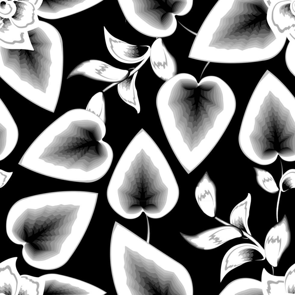 Seamless floral pattern with gray monochromatic tropical leaves on dark background. Template design for textile, interior, clothes, wallpaper. Botanical art. Floral background. Beach seamless pattern vector