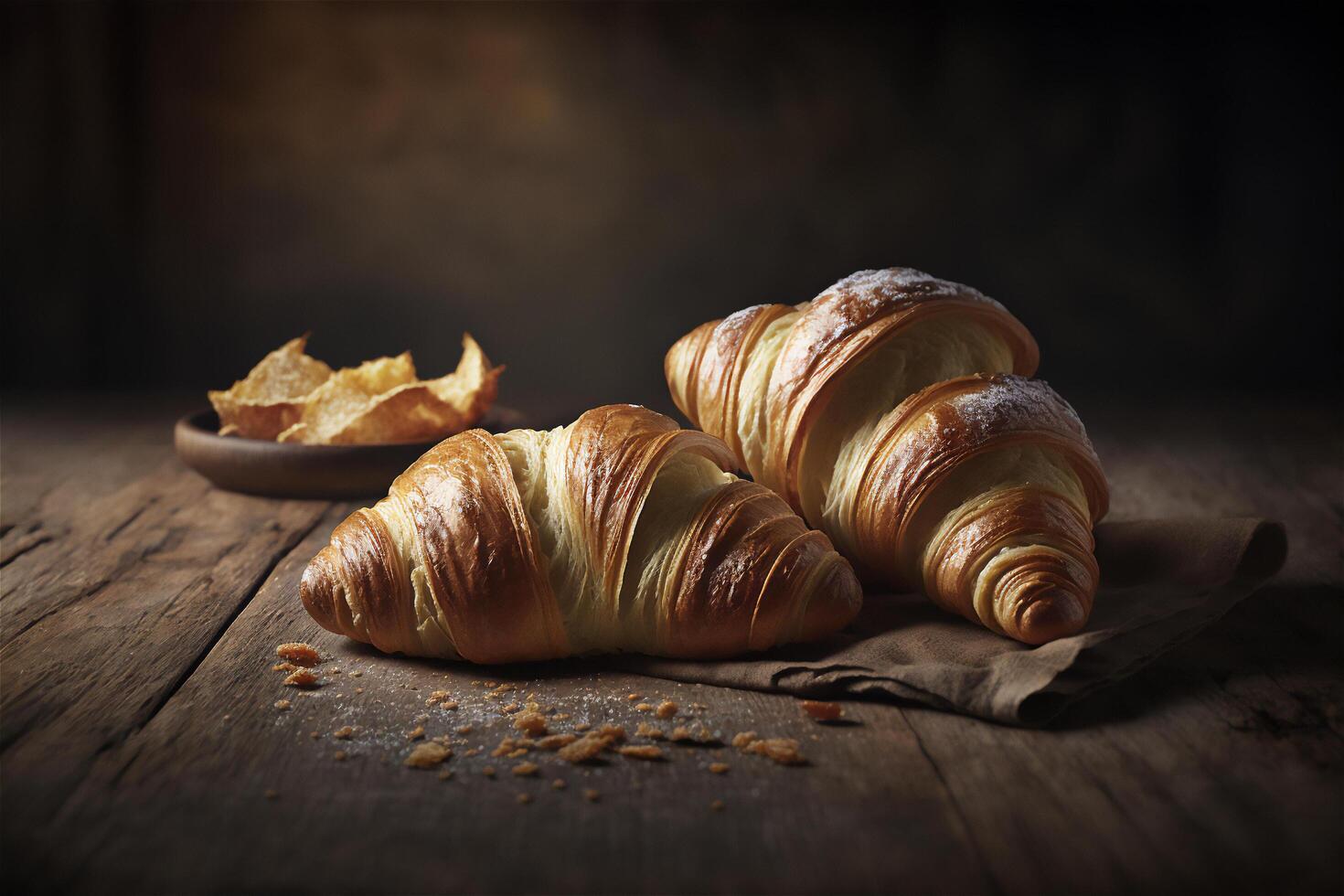 Delicious homemade croissants on rustic wooden kitchen table. photo