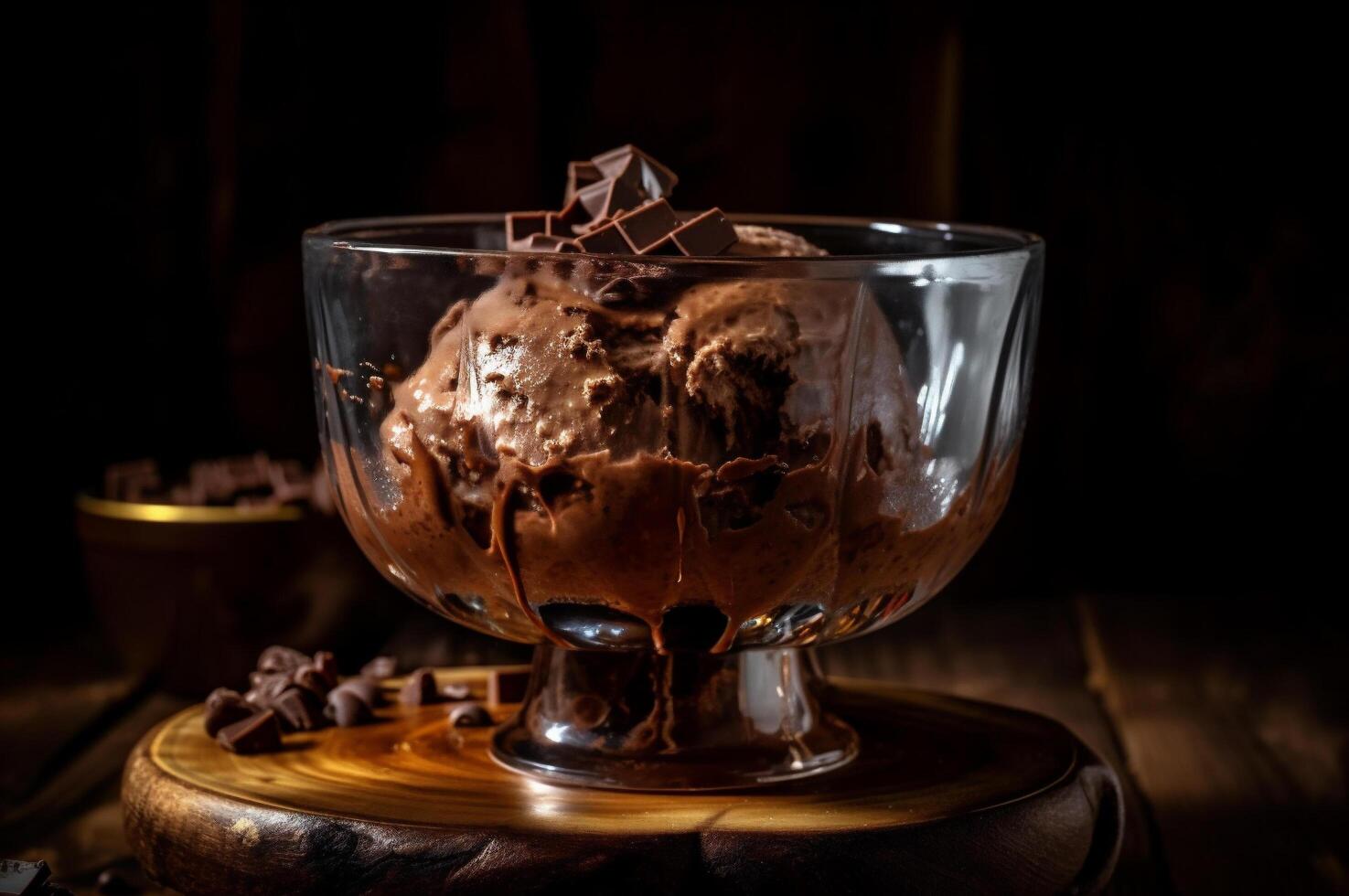 Gourmet chocolate ice cream in glass bowl on ice cream parlor table. Rustic wood. . frozen dessert photo