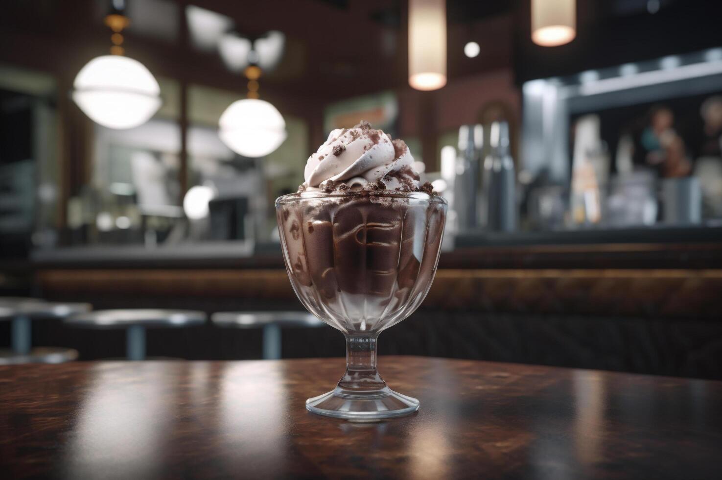 Gourmet chocolate ice cream in glass bowl on ice cream parlor table. Rustic wood. . frozen dessert photo